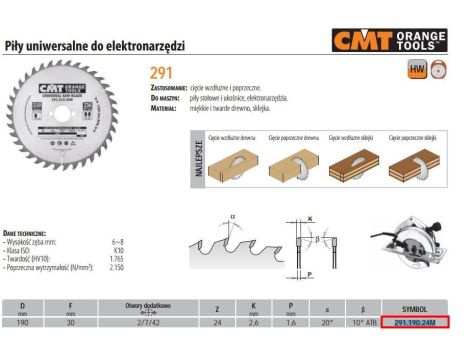 CMT PIŁA HM 190x30x2,6/1,6 Z=24 DO CIĘCIA WZDŁUŻNEGO I POPRZECZNEGO.