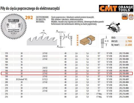 CMT PIŁA HM 190x30x2,6/1,6 Z=40 CIĘCIE POPRZECZNE, WYKAŃCZAJĄCE