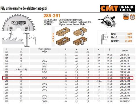 CMT PIŁA HM 210x30x2,8/1,8 Z=36N DO CIĘCIA WZDŁUŻNEGO I POPRZECZNEGO