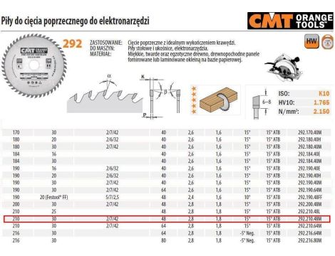 CMT PIŁA HM 210x30x2,8/1,8 Z=48 CIĘCIE POPRZECZNE, WYKAŃCZAJĄCE