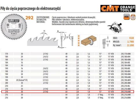CMT PIŁA HM 210x30x2,8/1,8 Z=64 CIĘCIE POPRZECZNE, WYKAŃCZAJĄCE