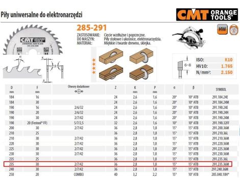 CMT PIŁA HM 235x30x2,8/1,8 Z=36N DO CIĘCIA WZDŁUŻNEGO I POPRZECZNEGO