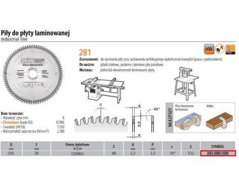 CMT PIŁA HM 250x30x3,2/2,2 Z=80 DO LAMINATU.