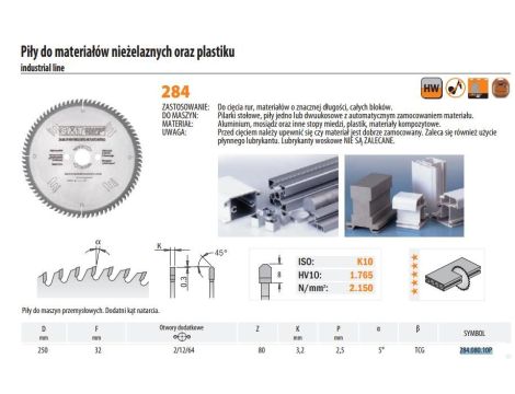 CMT PIŁA HM 250x32x3,2/2,5 Z=80 DO MATERIAŁÓW NIEŻELAZNYCH I PLASTIKU...