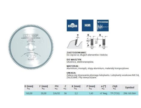 CMT PIŁA HW D=165 F=20 Z=56 K=2,2/1,6 ALUMINIUM, MOSIĄDZ, KOMPOZYT