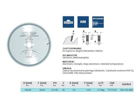 CMT PIŁA HW D=190 F=30 Z=40 K=2,8/2,2 ALUMINIUM, MOSIĄDZ, KOMPOZYT