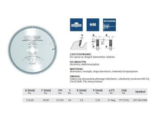 CMT PIŁA HW D=216 F=30 Z=64 K=2,8/2,2 ALUMINIUM, MOSIĄDZ, KOMPOZYT