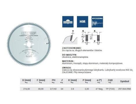CMT PIŁA HW D=216 F=30 Z=64 K=2,8/2,2 ALUMINIUM, MOSIĄDZ, KOMPOZYT