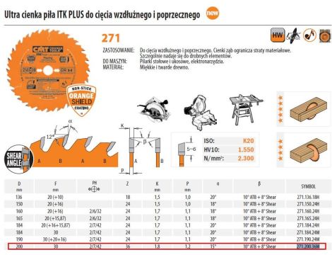 CMT PIŁA ITK D=200 F=30 Z=36N K=x1,8/1,2 UNIWERSALNA, ULTRACIENKA...