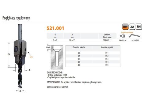 CMT POGŁĘBIACZ REGULOWANY 3-7mm BEZ WIERTŁA...