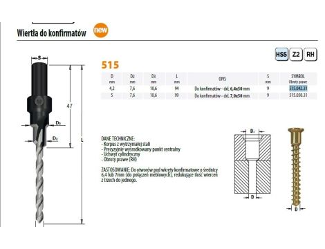 CMT WIERTŁO DO KONFIRM. 6,4X50MM HS RH