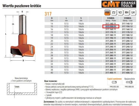 CMT WIERTŁO PU.HW D=15 L=57,5 S=10x26 RH PUSZKOWE KRÓTKIE.