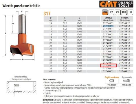 CMT WIERTŁO PU.HW D=35 L=57,5 S=10x26 RH PUSZKOWE, KRÓTKIE.