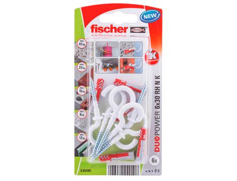 FISCHER KOŁEK DUOPOWER  6x30 Z HAKIEM OKRĄGŁYM /6szt. BIAŁE