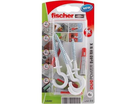 FISCHER KOŁEK DUOPOWER  8x40 Z HAKIEM OKRĄGŁYM /4szt. BIAŁE
