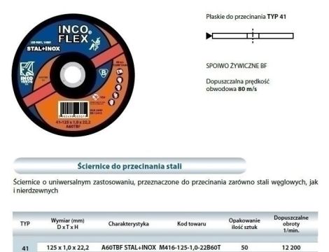 TARCZA METAL INCOFLEX  125*1,0 STAL+INOX...