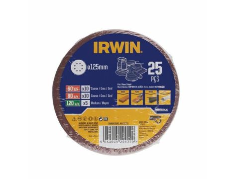 IRWIN KRĄŻEK ŚCIERNY OTW. 125mm  P 60(x10), 80(x10), 120(x5) /25szt.