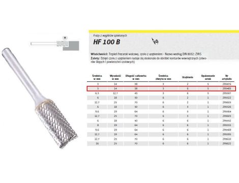 K.FREZ Z WĘG.SPIEKA.HF 100 B /3mm/483 WALEC FI=3x14mm, trzpień 3mm, TYP ZYAS