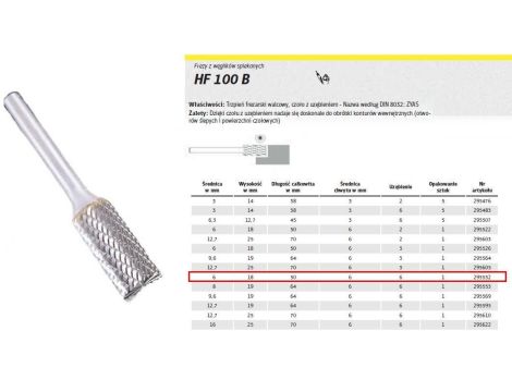 K.FREZ Z WĘG.SPIEKA.HF 100 B /6mm/532 WALEC FI=6x18mm, trzpień 6mm, TYP ZYAS