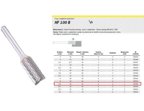 K.FREZ Z WĘG.SPIEKA.HF 100 B /9,6mm/569 WALEC FI=9,6x19mm, trzpień 6mm, TYP ZYAS