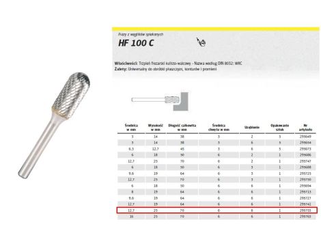 K.FREZ Z WĘG.SPIEKA.HF 100 C /12,7mm/753 WALEC-KULA FI=12,7x25mm,TRZ.6mm,TYP WRC - 2
