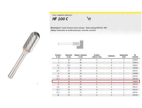 K.FREZ Z WĘG.SPIEKA.HF 100 C /6mm/694 WALEC-KULA FI=6,0x18mm,TRZ.6mm,TYP WRC