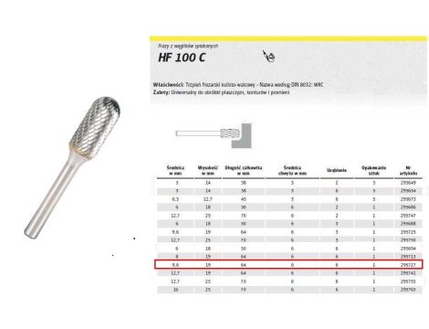 K.FREZ Z WĘG.SPIEKA.HF 100 C /9,6mm/727 WALEC-KULA FI=9,6x19mm,TRZ.6mm,TYP WRC