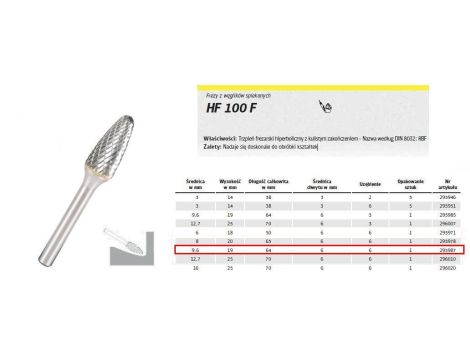 K.FREZ Z WĘG.SPIEKA.HF 100 F /9,6mm/987 HIPERBOLA FI=9,6x19mm,TRZ.6mm,TYP RBF