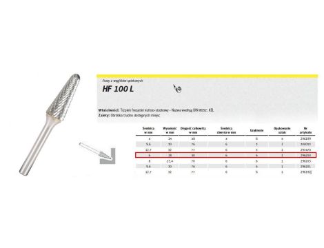 K.FREZ Z WĘG.SPIEKA.HF 100 L /6mm/200 STOŻEK-KULA FI=6,0x18mm,TRZ.6mm TYP:KEL