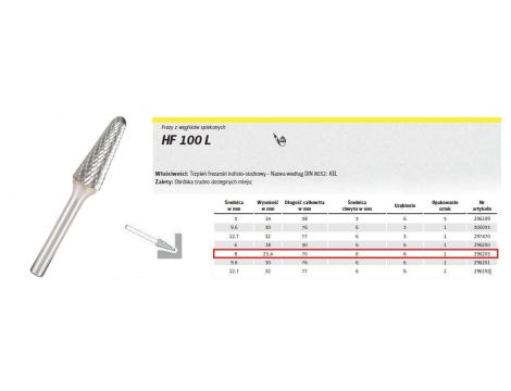 K.FREZ Z WĘG.SPIEKA.HF 100 L /8mm/205 STOŻEK-KULA FI=8,0x25mm,TRZ.6mm TYP:KEL