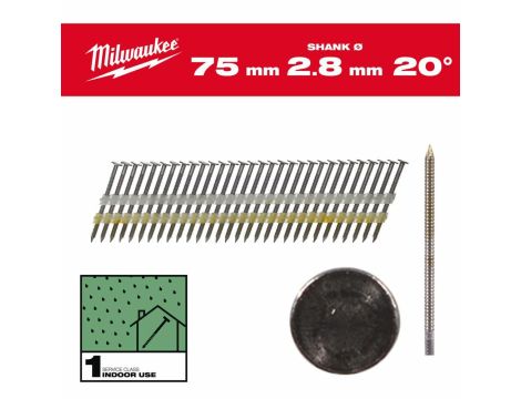 MILWAUKEE GWOŹDZIE 20° PIERŚCIENIOWE OKRĄGŁY ŁEB JASNY 75mm /1750szt. - M18 FFN21