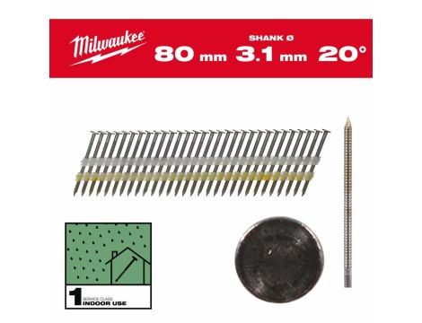 MILWAUKEE GWOŹDZIE 20° PIERŚCIENIOWE OKRĄGŁY ŁEB JASNY 80mm /1750szt. - M18 FFN21