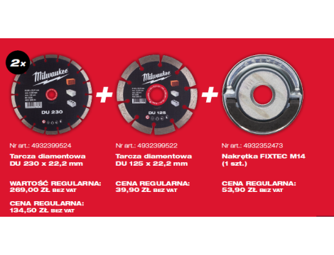 MILWAUKEE TARCZA DIAM.SEG. DU 230mm/2szt +DU 125+NAKRĘTKA FIXTEC