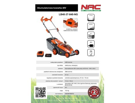 NAC KOSIARKA AKU.INDUKCYJNA 40V/4Ah 37cm LB40-37-B40-NG - 3