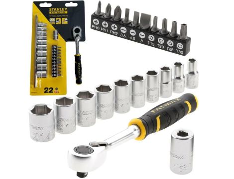 STANLEY ZESTAW KLUCZY  22el. 1/4" NASADKI + BITY