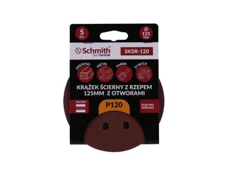 Papier ścierny krążki na rzep z otworami 125mm P120 zestaw 5szt Schmith