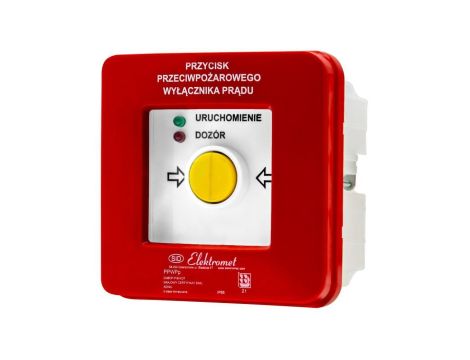Przycisk ppoż wyłącznika prądu p/t, NC-NO, diody uniwersalne (230V AC lub 24V DC) czerwona/zielona PPWPp-1s A - certyfikat CNBOP