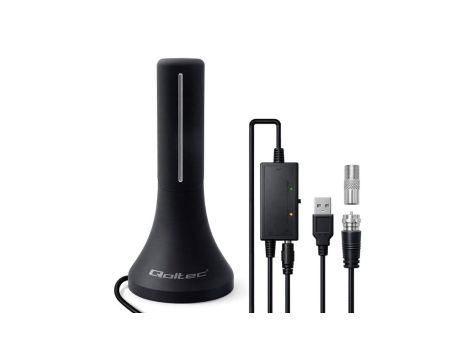 Qoltec Wewnętrzna mocna Antena TV DVB-T/T2 wzmacniacz sygnału 4K wysoki zysk 32dBi 360 Kabel 4m