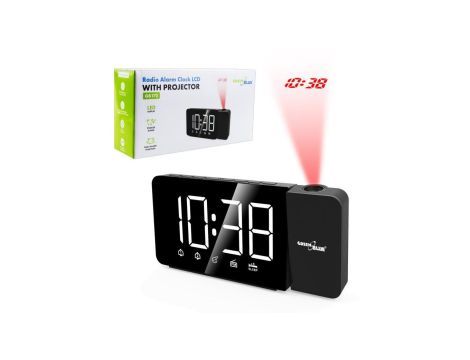 Radiobudzik cyfrowy LED z projektorem GreenBlue,radio FM, alarm, zegar 12/24, zasilanie USB 5V DC + CR2032, GB172