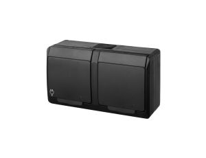 Gniazdo zasilające podwójne natynkowe hermetyczne IP44 czarne z klapką czarną 2x 2P+Z 16A HERMES ELEKTRO-PLAST NASIELSK