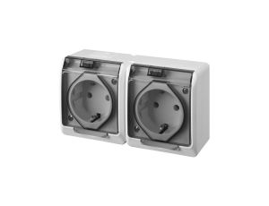 Gniazdo zasilające podwójne natynkowe hermetyczne IP44 białe z klapką czarną 2x 2P+Z Schuko 16A HERMES ELEKTRO-PLAST NASIELSK