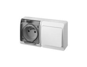 Łącznik schodowy pojedynczy natynkowy + gniazdo 2p+Z Schuko bryzgoszczelny IP44 biały HERMES ELEKTRO-PLAST NASIELSK