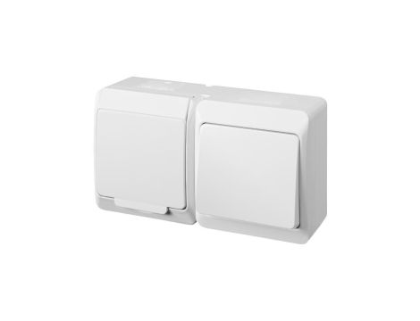 Łącznik schodowy pojedynczy natynkowy + gniazdo 2p+Z Schuko bryzgoszczelny IP44 biały z białą klapką HERMES ELEKTRO-PLAST