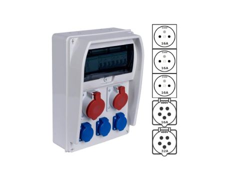 Rozdzielnica budowlana R-BOX IP44 przenośna Wyposażona + 5P/32A + 5P/16A + 3x2P+Z/250V PAWBOL