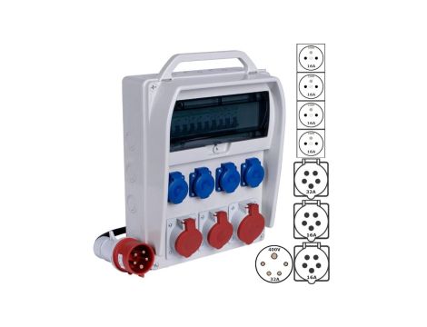 Rozdzielnica budowlana R-BOX IP44 przenośna Wyposażona + 5P/32A + 2x5P/16A + 4x2P+Z/250V + wtyk 32A/5P PAWBOL