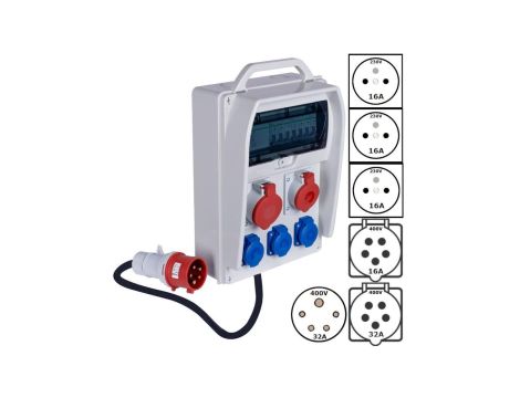 Rozdzielnica budowlana R-BOX IP44 przenośna Wyposażona + 5P/32A + 5P/16A + 3x2P+Z/250V + wtyk 32A/5P PAWBOL