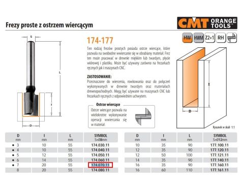 CMT FREZ HM D= 7 I=20 L=55 S=8... PROSTY, OSTRZE WIERCĄCE