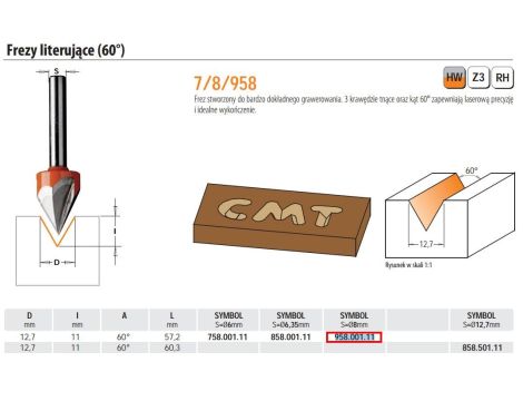 CMT FREZ HM D=12,7 I=11 A=60 S=8 DO GRAWEROWANIA. - 2