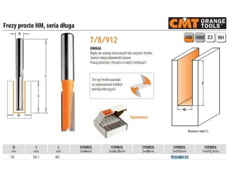 CMT FREZ HM D=18 I=38,1 L=80 S=12 PROSTY, DŁUGI.