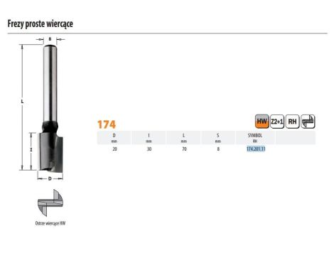 CMT FREZ HM D=20 I=30 L=70 S=8  PROSTY WIERCĄCY